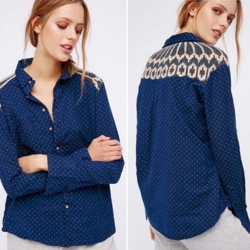 Free People Sage Blue Button Shirt Large